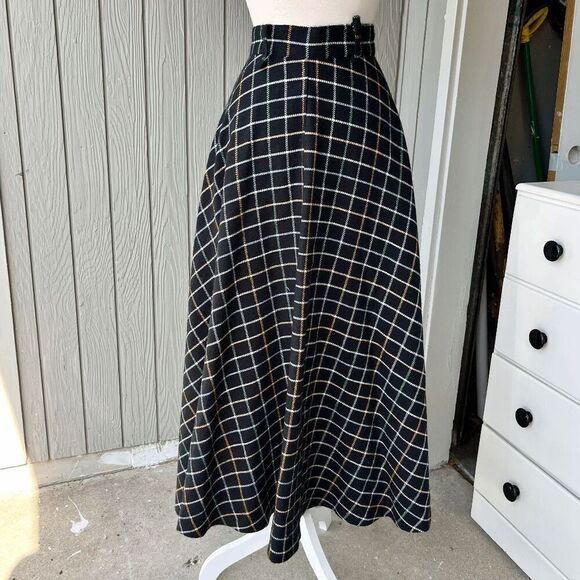 VTG 50s Full Circle Maxi Skirt w/ Pastel Plaid Lines on Black Wool Blend - Picture 13 of 14